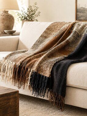 NWT Restoration Hardware Chenille Throw Blanket 100x72 Brown Neutral Fringe